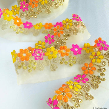 Gold Sheer Tissue Fabric Trim With Embroidered Pink, Yellow, Orange & Gold Flowers